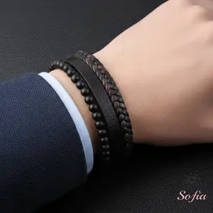 Sofia Men's Leather Braided Bracelet Natural Black Onyx Stone Multilayer Wristband Boho Style Magnetic Closure 8 Inch Length Christmas Gift for Him
