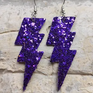 Exaggerated Lightweight Faux Leather Lightning Earrings with Shiny Glitter Sequins Flash Bolt Spot Drop Dangle Earrings Handmade 80s Christmas Jewelry