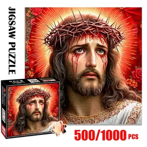 1pc 1000 piece adult puzzle 58x58cm Jesus with Crown of Thorns and Blood - Religious Artwork 500 pieces of paper puzzle, suitable for adults and families, large-scale DIY puzzle interactive toy g