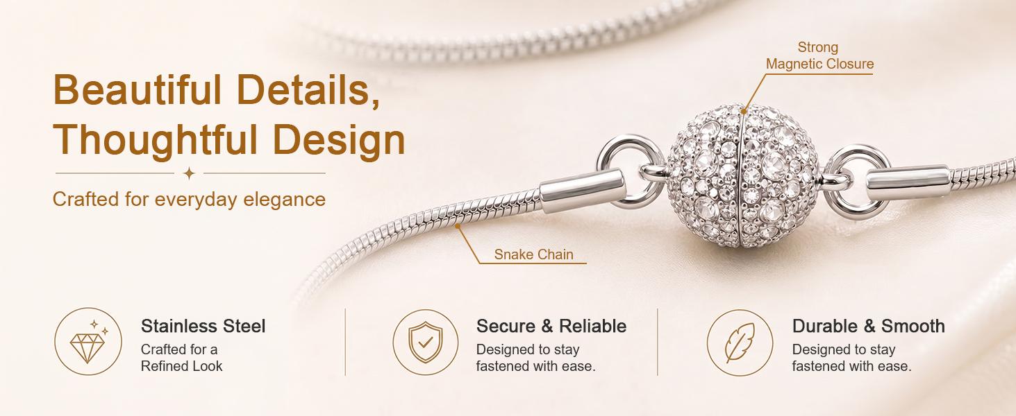 BONISON 3PCS Layering Necklaces for Women, Stainless Steel Silver Box & Snake Chain Set with Magnetic Clasp, 16/18/20/24 Inch, Includes Jump Rings for Pendants