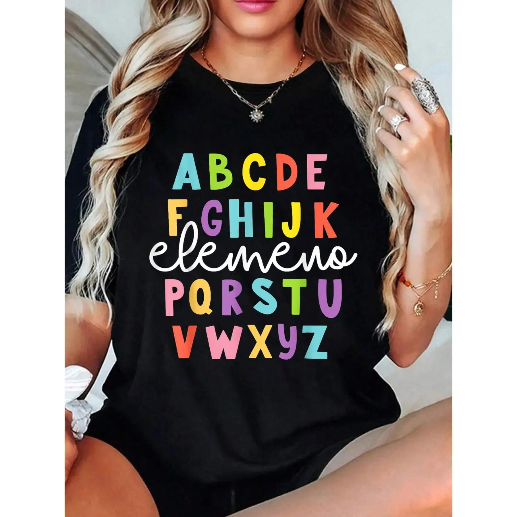 Women's Alphabet ABC Elemeno Casual Short-Sleeve Essential Tops - Teacher Student Back to School Day Gift T-Shirt, Shortsleeve, Comfortable, Round Neck, Fabric, Lightweight