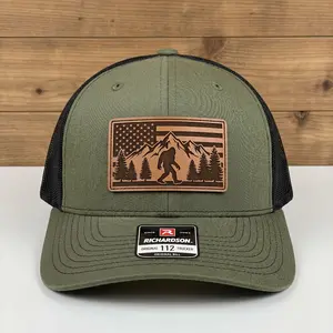 Bigfoot American Flag Leather Patch Hat, Vintage Americana Mountain Forest Trucker Cap, Retro Sasquatch Camping Wilderness Snapback