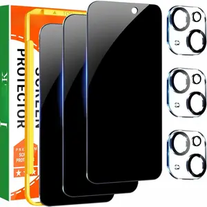 3 Pack  Screen Protector for  15 Tempered Glass with 3 Camera Lens Protector, Accessories 9H Anti Spy, 2.5D Curved, Case Friendly, Transparent