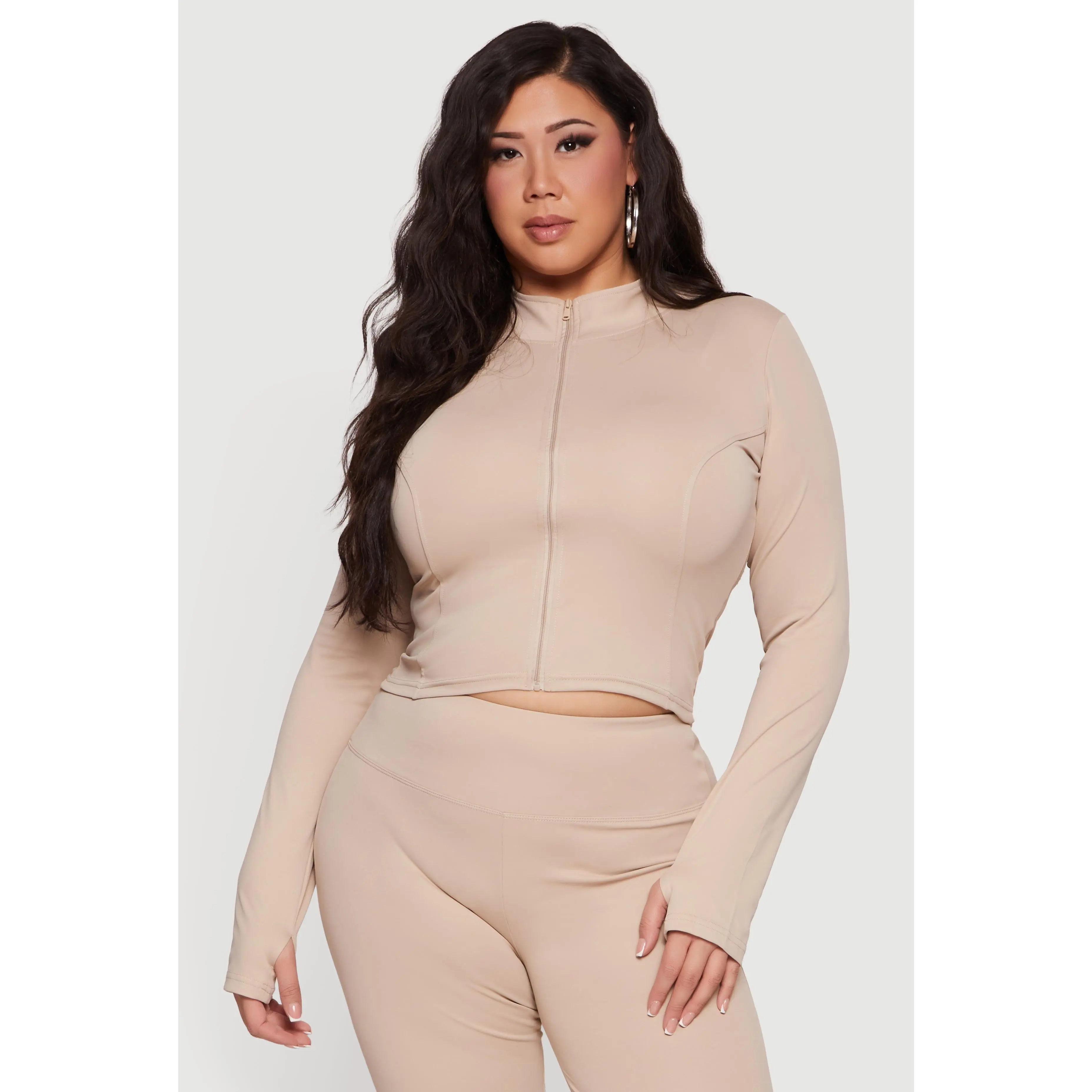 Plus Size Zip Front Mock Neck Active Jacket with Thumb Holes