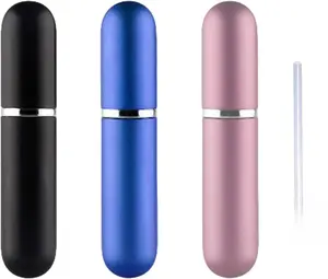 Travel Refillable Perfume Atomisers, 5ML, 3 Pcs Mini Portable Spray Bottles, Round Tube Set With 1 Flat Separated Tool, for Home Business Trip (Black+Blue+Champagne)(4pcs)