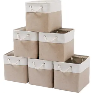 11 x 11 Inch Cube Storage Boxes, 6 Pack Large Collapsible Fabric Storage Boxes with Rope for Home, Office, Closet, Clothes, Toy Organizer (White and Beige - 11 "x11 'x11’)