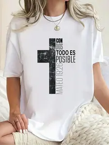 100% cotton Con Dios Todo Es Posible Christian Spanish Bible Verse Gifts T-Shirt Print Crew Neck Casual T-shirt short Sleeve Sports Top, Smart Casual/street Style Women's Clothing