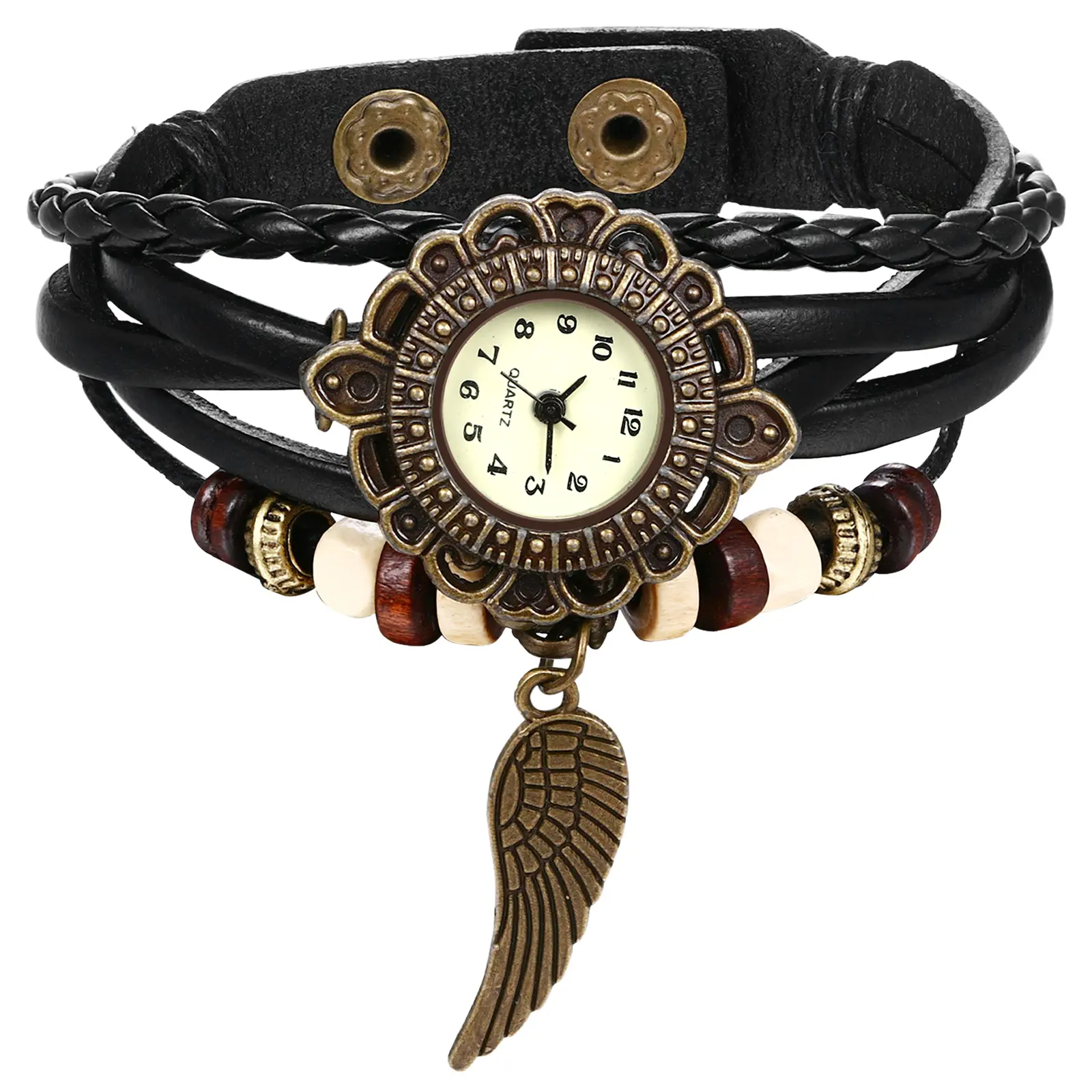 OIDEA Vintage Tribal Wing Pendant Wrap Watch, Multi-Layer Leather Cord Boho Quartz Wristwatch summerwins, Fashionable Quartz Watches, Throwback Quartz Watches