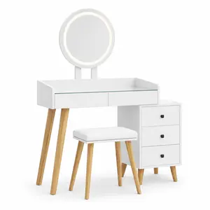 LED Lighted Dressing Table Glass Top with Extendable Side Table 5 Drawers and Stool Vanity Desk with Mirror for Bedroom