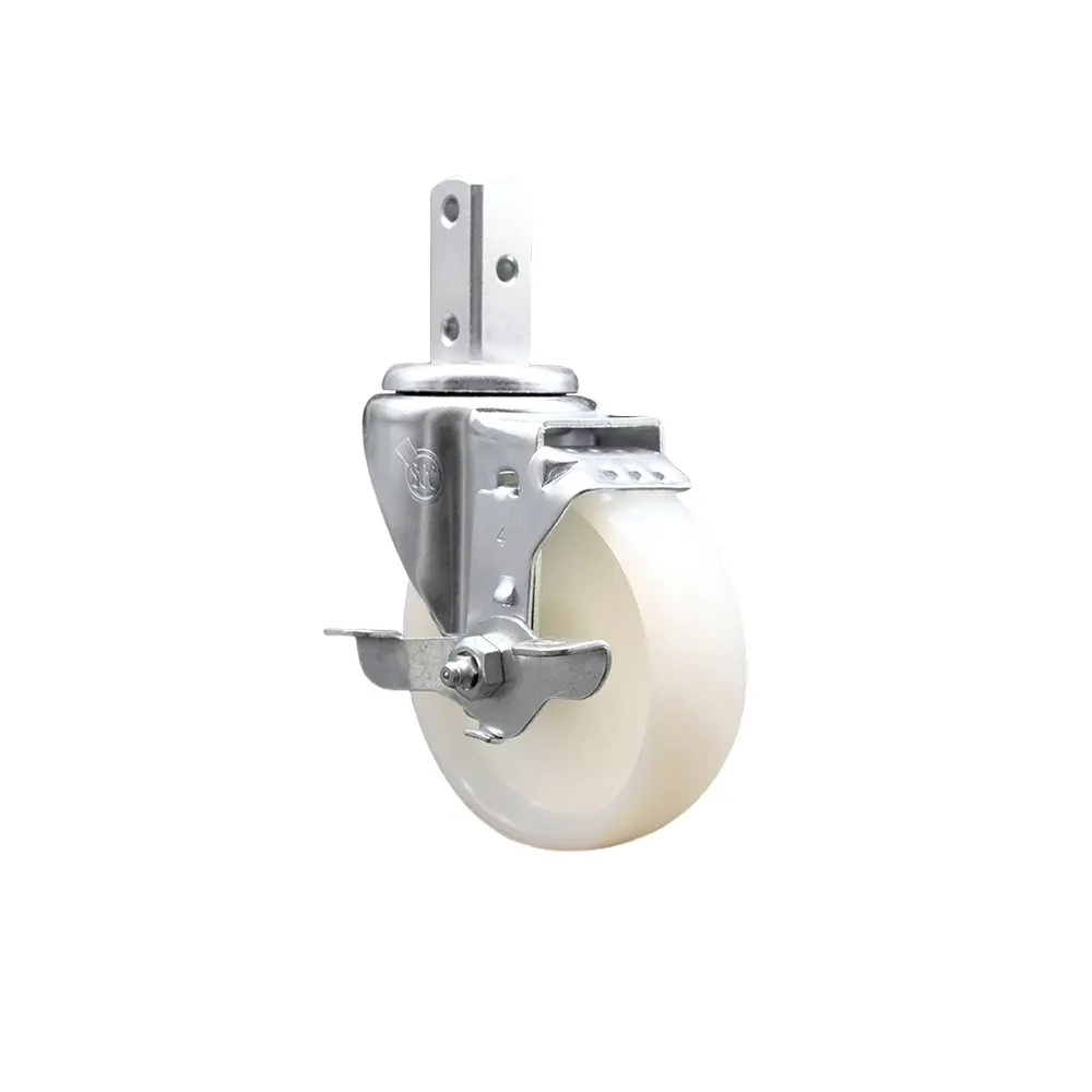 212 MAIN SCC-SQ20S414-NYS-TLB-34 Lockable Swivel Square Stem Caster (Furniture Moving Wheel) with 4x1.25 in. White Nylon Wheel, 0.75x2 in. Stem, 3x0.26 in. Diameter Mounting Holes, Top Lock Brakes, Lockable Wheels