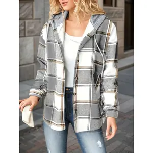 New Plaid Pattern Long Sleeved Hook And Loop Wool Lined Hooded Jacket For Warmth Women's Fitted Plaid Hooded Drawstring Jacket Single Breasted Closure Comfortable And Casual Coats Tops flannel outfits