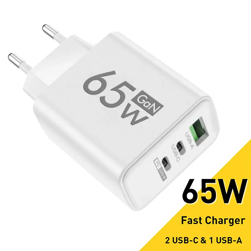 65W GaN Fast Charging USB Type-C Wall Charger, EU/KR Plug, PD 3.0 Quick Charge Adapter with Protection, Smart Charging & Dual-Port Design for iPhone 15, Xiaomi, Huawei, Yes, Dual Usb-C Ports Adapters, Dual Device Charging Adapters