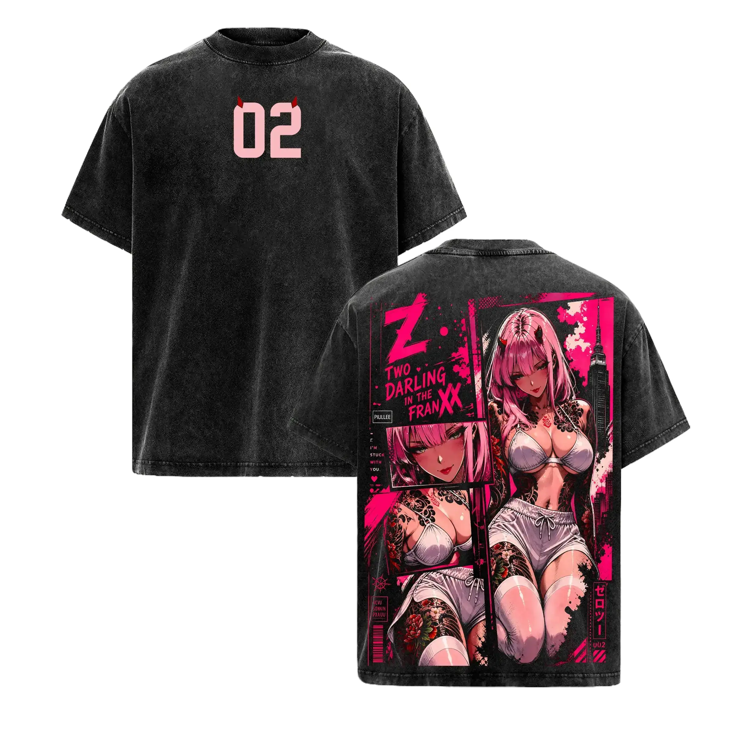 Vintage Washed 02 Anime Graphic Tee Heavy Cotton Oversized Gym Pump Cover Darling In The Franxx Waifu Shirt Y2K Japanese Streetwear Retro Acid Wash Manga Apparel Otaku Double Sided Print Men's Casual Anime Gift Workout Top Street Style Graphic.