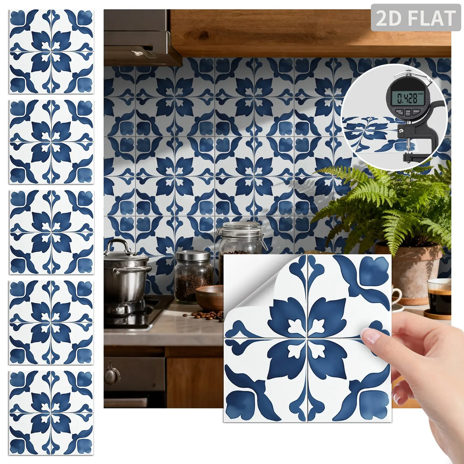 24PCS/Box FHZ Classic Art Floral Peel and Stick Tile, Blue White Vintage Flower PET Matte Waterproof Oil-Proof Removable Wall Sticker, Waterproof Wall Decals for Kitchen Bathroom