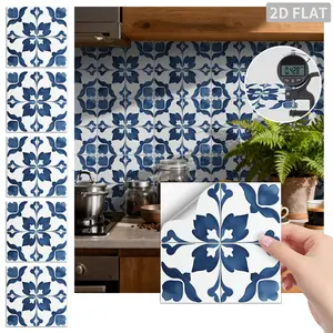 24PCS/Box FHZ Classic Art Floral Peel and Stick Tile, Blue White Vintage Flower PET Matte Waterproof Oil-Proof Removable Wall Sticker for Kitchen Bathroom