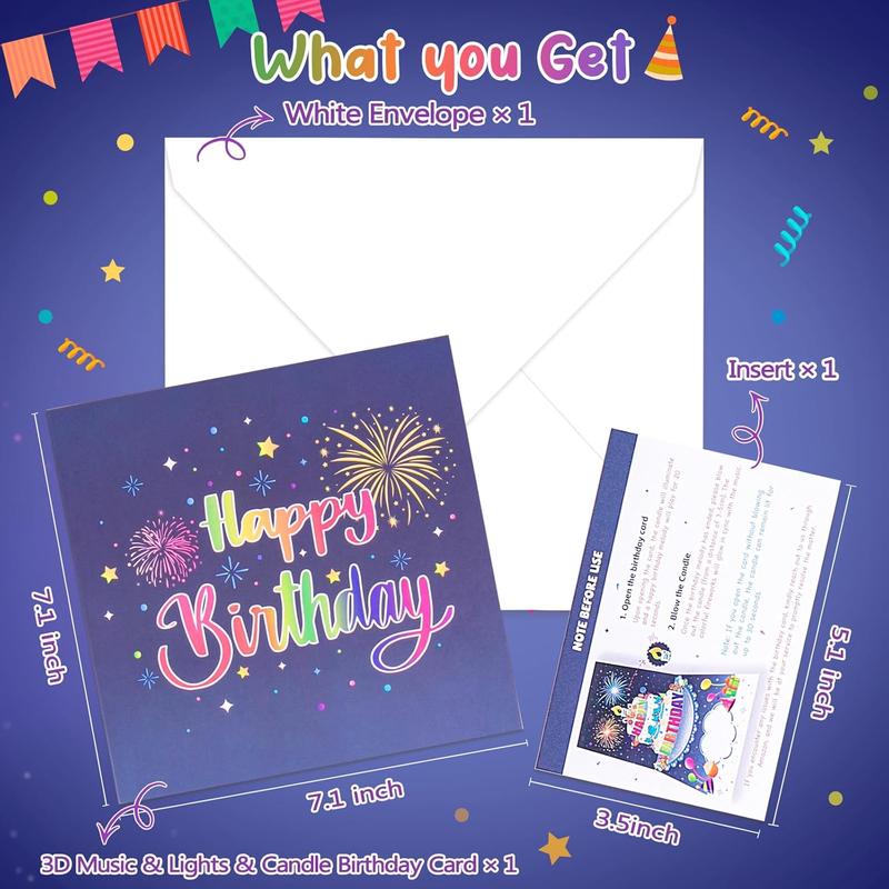 Birthday Cards Fireworks Pop Up Cake Blowable Light and Music Happy Birthday Card Gifts for Women Men Mom Kids