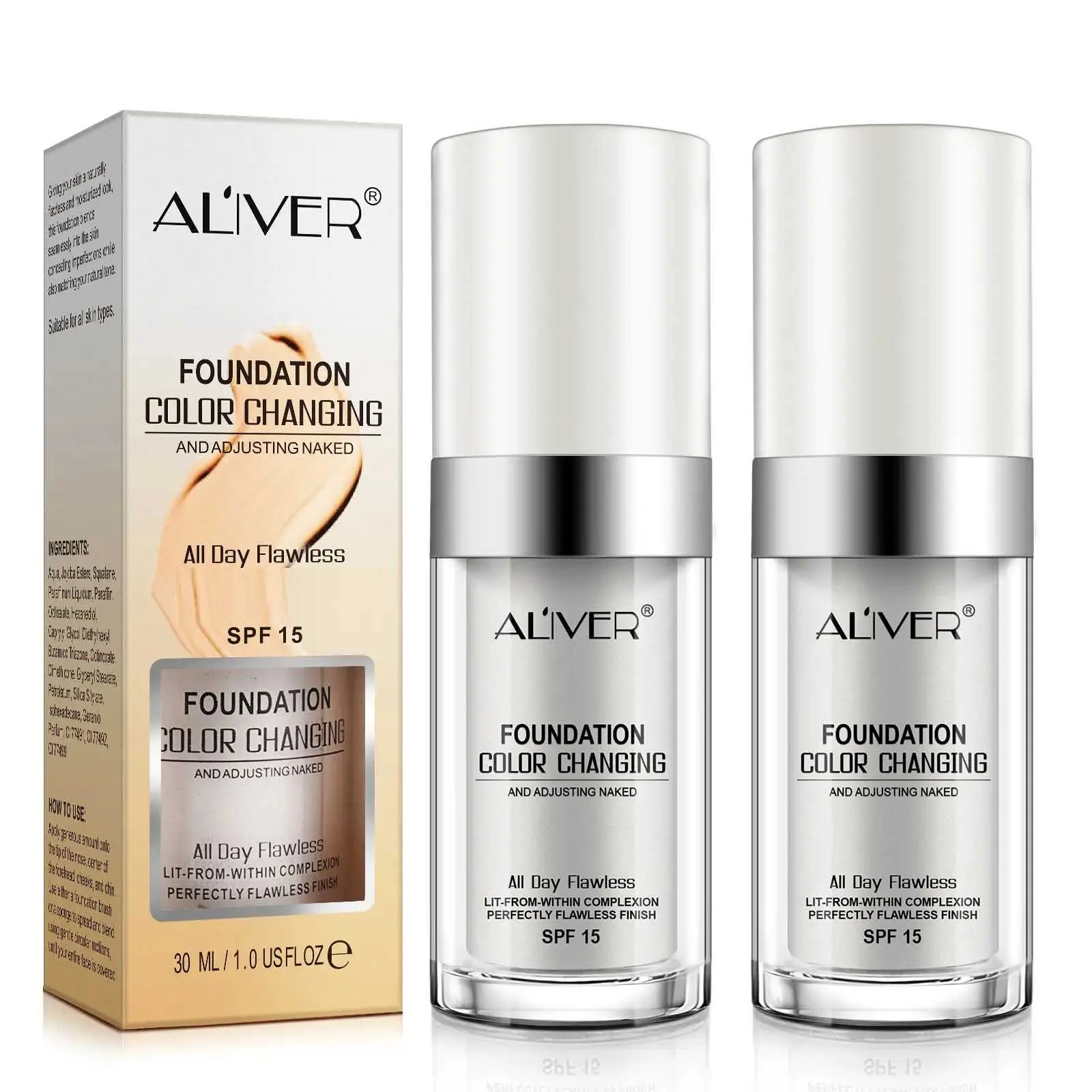 Aliver Foundation Liquid, Temperature-Responsive Color Adjustment, Long-Lasting Waterproof, Oil Control, Flawless, Complexion Perfecting, Flawless Matte Finish, Blend, Suitable for All Skin Types