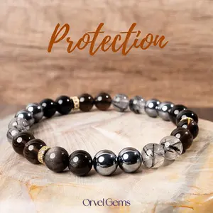 Protection Healing Bracelet | 8mm Tourmalinated Quartz, Terahertz, optional size，Obsidian, Smoky Quartz Beads | Handcrafted Jewelry for Women Men, Kids, Girls, Gift, Engagement, Christmas, Fashion Jewelry B007 Perfect for Men, Women, Couples, and Friends