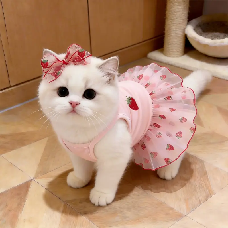 Cute Dog Dress Clothes for Small Dogs Girl with Strawberry Embroidery Soft Princess Puppy Small Cat Dog Clothes Outfit for Chihuahua Yorkie Daily Wear & Party