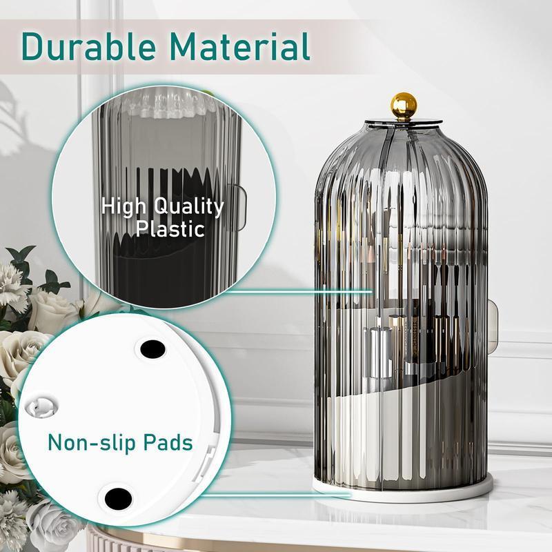 360° Rotating Clear Makeup Brush Holder with Lid, Dustproof Cosmetic Organizer for Vanity & Bathroom Countertop