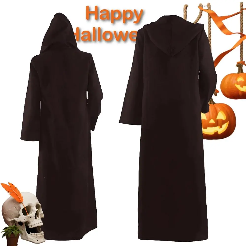 Sorcerer Long Shirt Hooded Black Robe Costume Halloween Cloak Cosplay Costume Wizard Tunic Hooded Robe Adults and Children