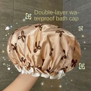 Double Layer Shower Cap with Floral Bow Design, Elastic Adjustable Hair Protection, Reusable Polyester Material, Home Use Essential, Bathroom Accessory