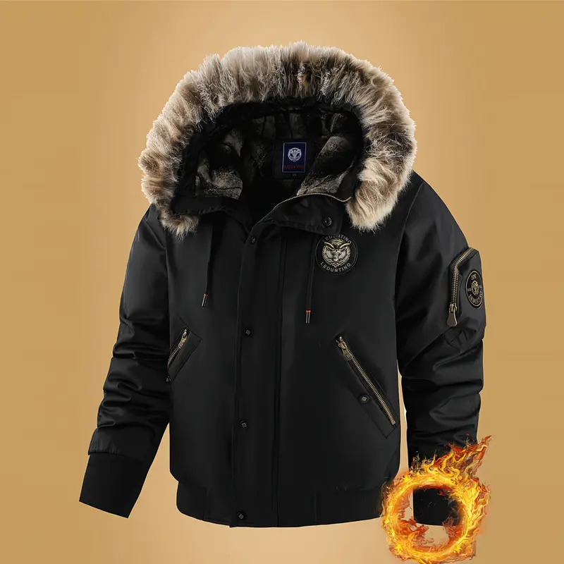 Men's Winter Thick Hooded Fur Collar Fleece-Thermal Lined Zip-Up Workwear Jacket - Woven, Badge-Ready, Warm Long-Sleeve, Machine Washable, Pull-On Casual Clothes Products