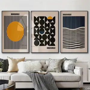 3-Piece Bauhaus Style Minimalist Canvas Wall Art Prints, Art Deco Geometric Posters for Home Office, Living Room, Bedroom - Stylish Themed Interior Wall Decor, Perfect for Art Lovers and Modern Home Decoration - Frameless ​