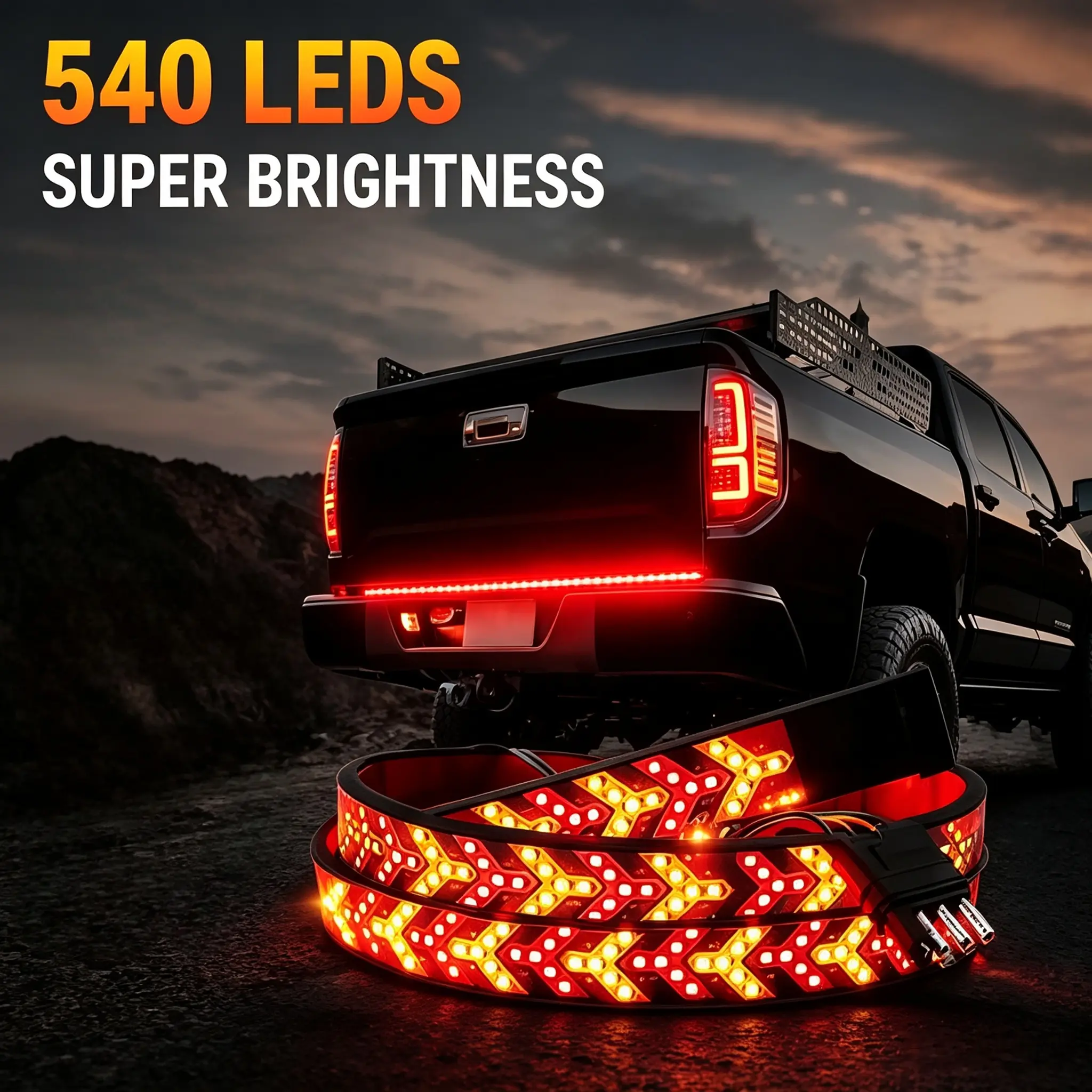 60" LED Truck Tailgate Light Strip, 540 LED Fishbone Arrow Light Bar with Red Running & Brake Lights, Amber Turn Signals & Strobe Lights for Pickup Trucks, SUVs & RVs