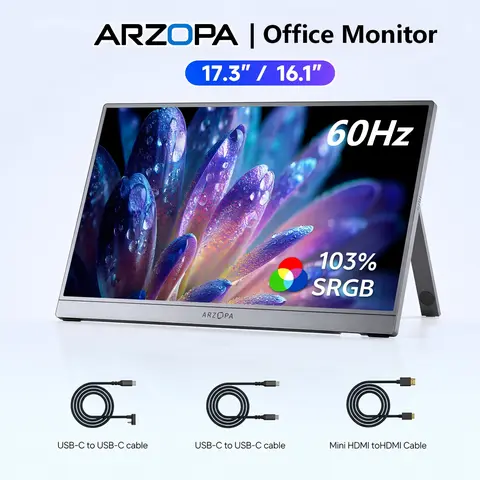 ARZOPA 16.1'‘/17.3'' 60Hz Portable Monitor| 103% sRGB FHD 1080P| Laptop Second Screen| External Screen for PC/Mac/Xbox/Switch/PS5|IPS Display| Computer Display| HDR External Screen| Game| Workfromhom