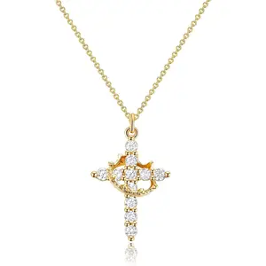 Upgraded Crown Cross Necklace for Women, Crown Cross Pendant Necklace Simple Diamond Gold Necklaces Faith Cross Jewelry First Communion Necklace