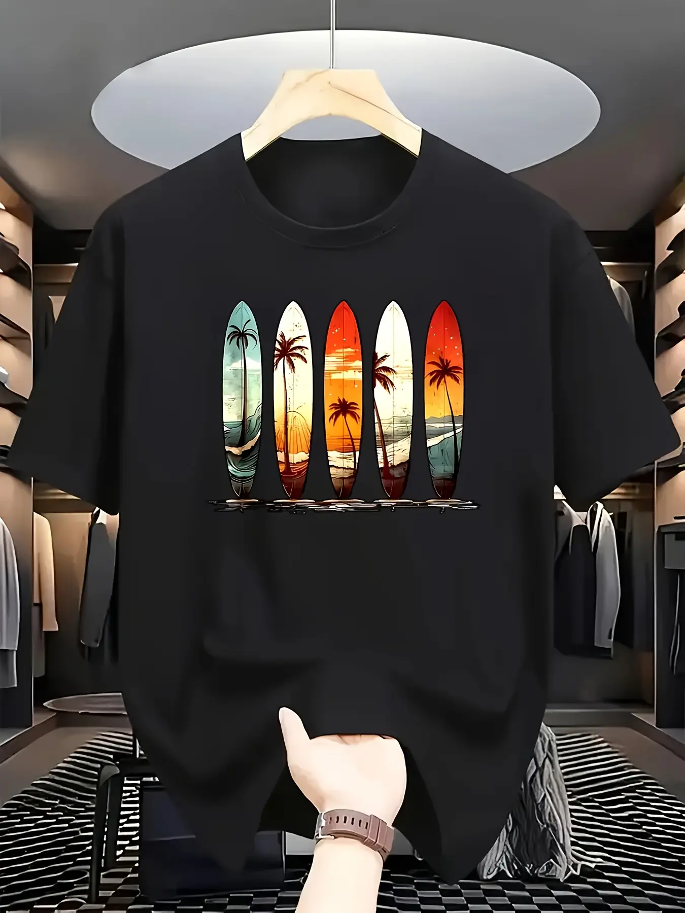 [Retro Surf T-Shirt] Retro Surf T-Shirt - Hawaiian Palm Tree Sunset Print with 5-Panel Vertical Surfboard & Tropical Beach Scenes - Short Sleeve Casual Summer Shirt for Surfing, Beachwear, Vacation Outfits (Machine Washable)
