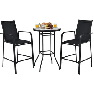 【Limited time deal】BM-CYW  3 Pieces Outdoor Patio Bar Set, Outdoor Bistro Set with 2 Bar Stools and 1 Tempered Glass Bar Table, Bar Height Patio Table and Stools Set for Backyard, Garden, Lawn (Black)