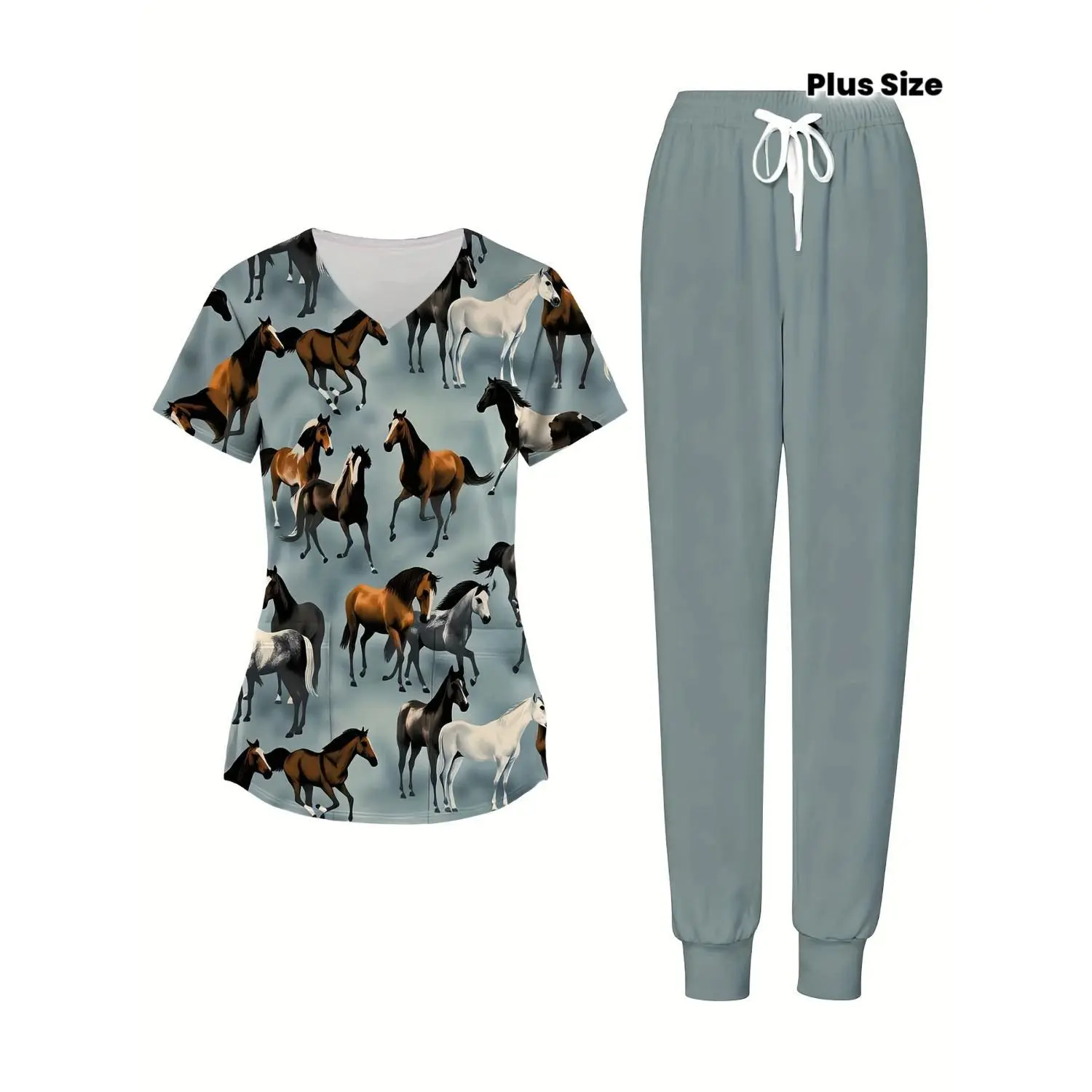 Plus Size Women's Nurse Uniform 2-Piece Set with Horse Print - Comfortable Scrubs for Work & Leisure, Gift-Ready