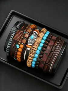 Men's Bracelet & Bangle Set, Faux Turquoise Leaf Beads PU Leather, Casual Style, All Seasons, Perfect Gift for Boyfriend Father（no box）