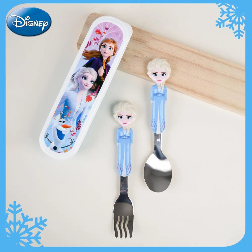 Frozen Oficially Licensed Disney Princess Stainless Steel Fork And Spoon Set Elasa Cartoon-themed Tableware Flatware Set With Case Anna Portable Dining Utensil Set Travel Tableware Set Disney