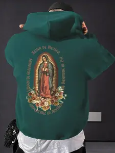 Men's Spring Fall Winter Fleece Hoodie, Virgin Mary Print, Casual Hooded Design, Fashionable and Comfortable, Perfect for Meetings and Leisure