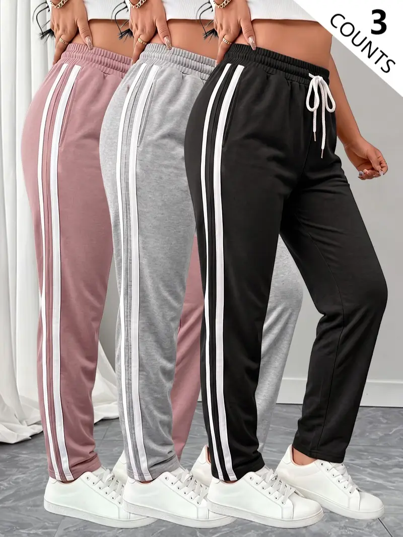 Clean Gent Women’s 3-Pack Full-Length Pants – Casual athletic pants with side stripes, high-waisted with two side pressure panels and a drawstring; pockets included; suitable for yoga, running, cycling, and everyday wear; faux sequin style