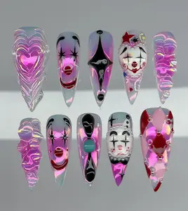 Carnival Clown Chrome Press On Nails | 3D Iridescent Texture with Harlequin Faces & Stars | Bold Pink Circus Nail Art Set