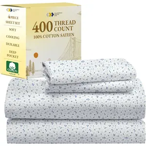 California Design Den Floral Sheets Pattern King Sheet Set - Luxury 400 Thread Count 100% Cotton Sheets, Deep Pocket King Sheets & Pillowcase Set (Blooming Meadows) California Design Den