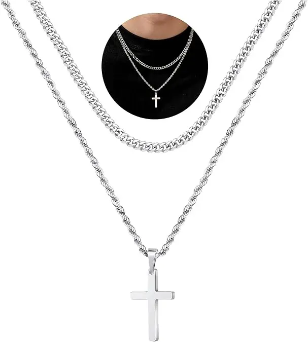 Men’s Stainless Steel Layered Cross Pendant Necklace, Classic Simple Religious Jewelry, Male Fashion Statement Gift for Boyfriend, Husband, Gifts