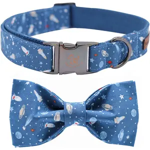 Elegant Little Tail Dog Collar with Bow, Cotton & Webbing, Bowtie Dog Collar, Adjustable Dog Collars for Small Medium Large Dogs and Cats Elegant little tail
