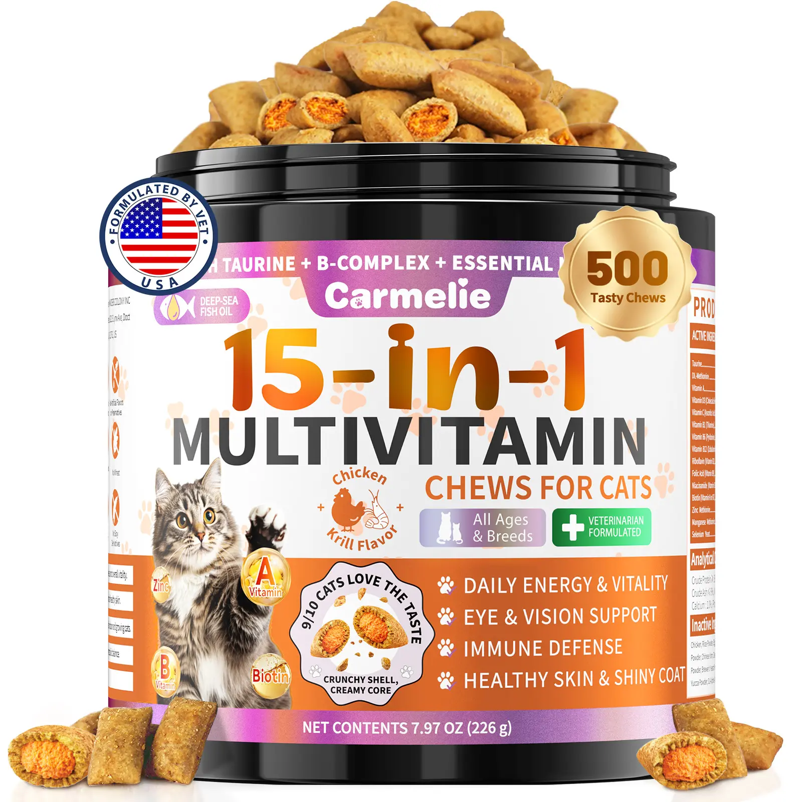 #SummerWins #DealsForYouDays Carmelie Taurine for Cats Vitamins Treats, 15 in 1 Cat Multivitamin Support Joint, Skin Coat, Digestion, Immunity & Energy, 500 Crunchy & Creamy Chews with Essential Vitamin for Cats All Ages (90-Day Supply)