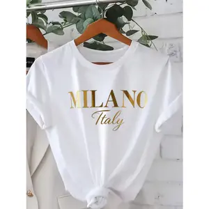 Womens White Graphic Tee Short Sleeve Crewneck Relaxed Fit Soft Cotton Casual Summer Top Streetwear Travel Outfit Milano Italy Letter Print Shirt