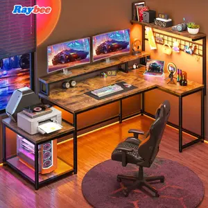 Raybee L Shaped Gaming Desk with Led Light,Computer Desks with Power Cord & Outlets,Monitor Stand,PC Case Storage Shelf,Printer Stand,Wood Desktop