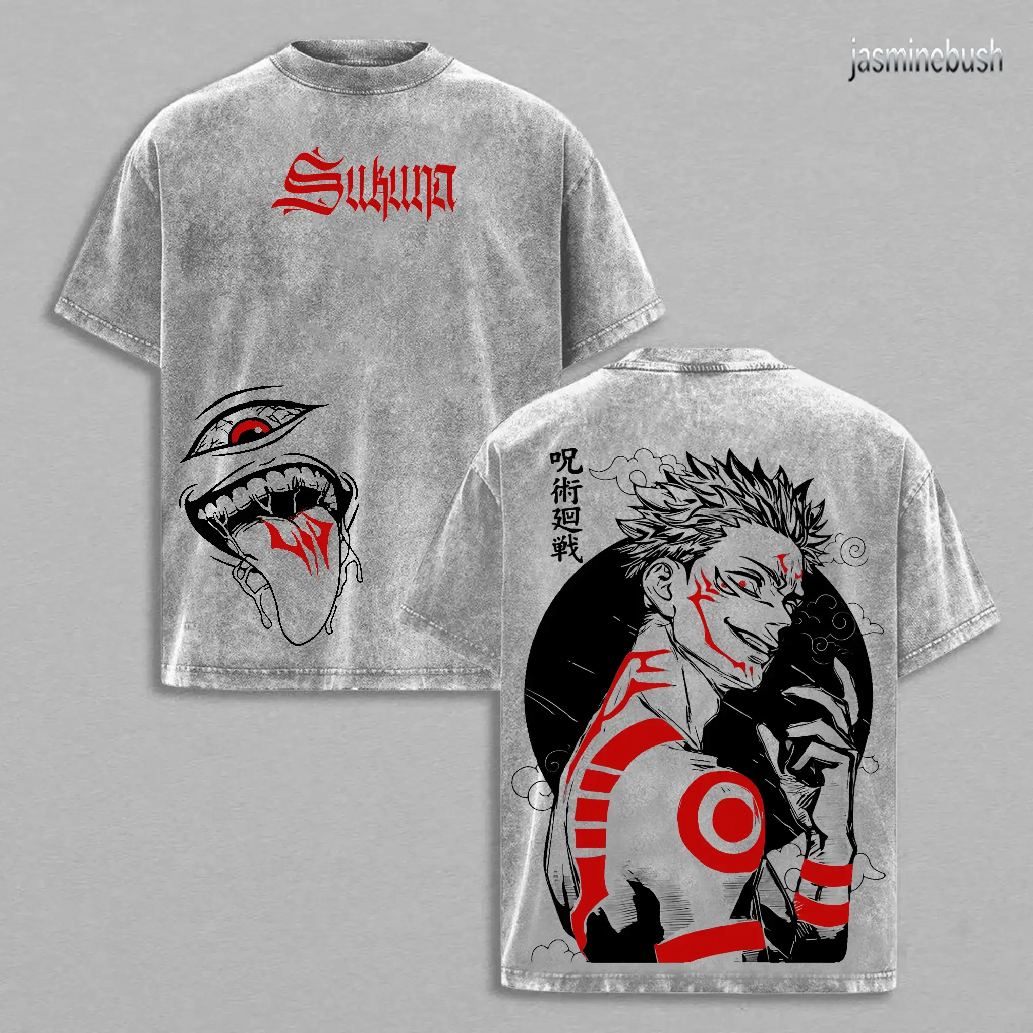 Menswear Vintage Washed Sukuna Short-Sleeve Round Neck Apparel T-Shirt, Oversized Loose-Fit Jujutsu Kaisen Graphic Print, 230gsm Heavy Cotton Unisex Retro Streetwear Top, Shortsleeve