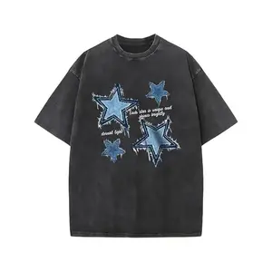 Men's vintage acid washed T-shirt - Large size, loose fit, short sleeves casual streetwear, with blue star pattern, 'Lucky Star' pattern and 'Like You' design, black cotton T-shirt, suitable for casual attire, all season clothing