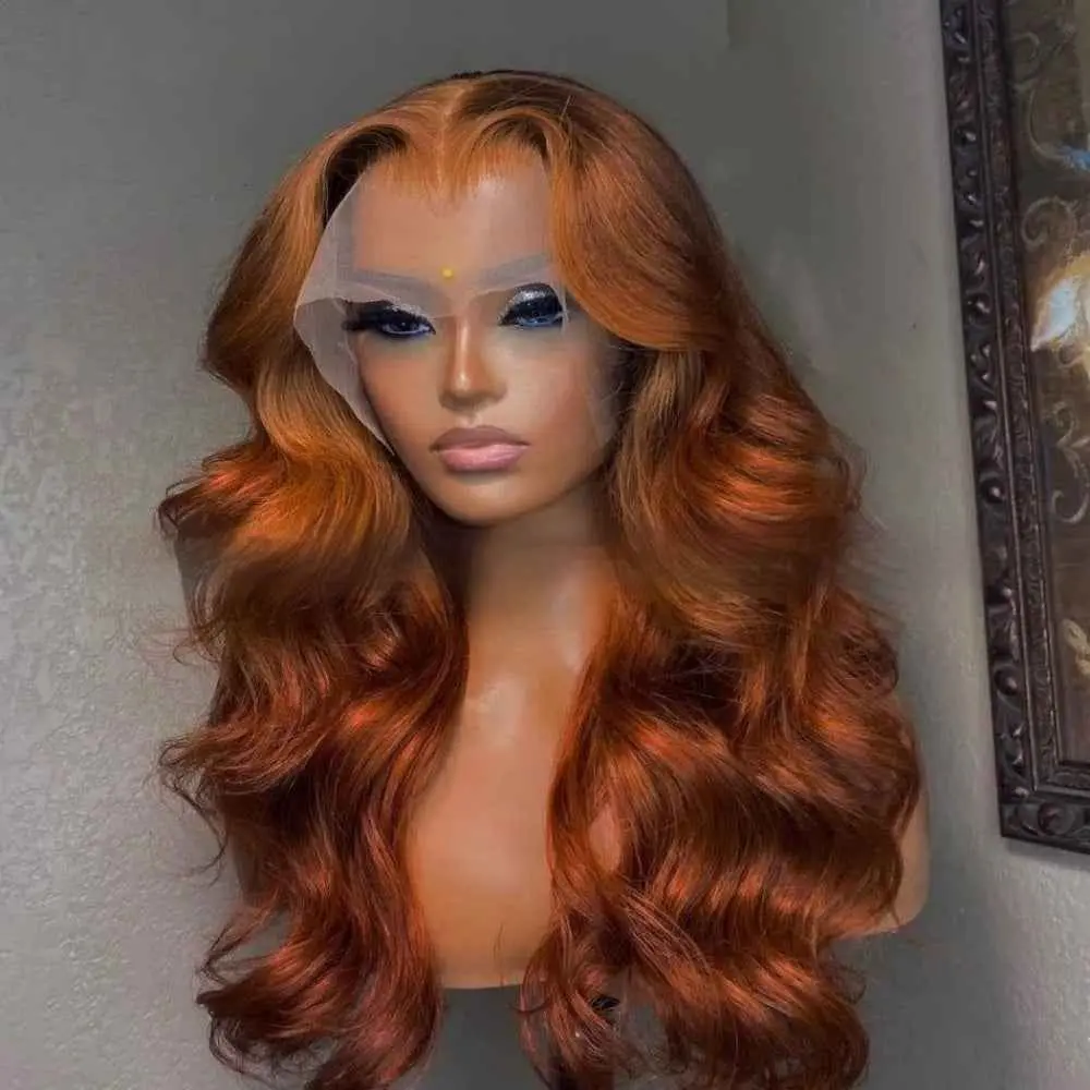 In-Stock Human Hair Ginger Body Wave Lace Front Wig, Orange Big Wave Lace Design, Perm Available Wigs Human Hair, 13X4 Headdress, 20 Inches, Female, Headdress Shape
