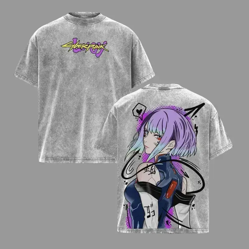 Men's Cyberpunk Lucy Double-Sided Graphic Tee - 230gsm Premium Cotton, Oversized Vintage Washed, Pre-Washed Baggy Fit, Short Sleeve, Round Neck, Seamless Tape, XXXL Clothes, Cold Wash Top for Anime Fans, Baggy Tee, Classic