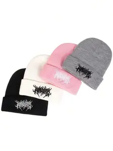 1pc Casual Gothic Men's Scar Embroidered Knitted Brimless Face Enhancing Small Knitted Hat, Women's Fashionable Street Skiing Hat, Warm And Versatile Cold Hat, Loose Hat, Knit Hats